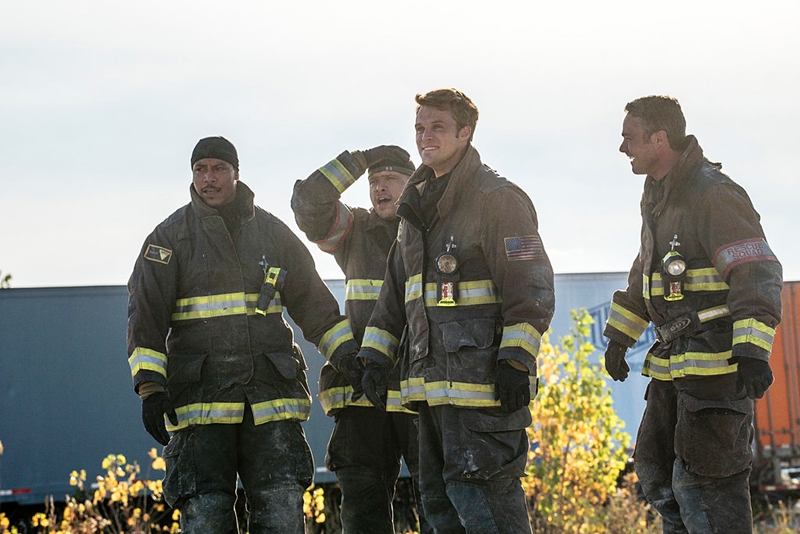 CHICAGO FIRE -- "Short & Fat" Episode 409 -- Pictured: (l-r) Brian White as Dallas Patterson, Joe Minoso as Joe Cruz, Jesse Spencer as Matthew Casey, Taylor Kinney as Kelly Severide -- (Photo by: Elizabeth Morris/NBC)
